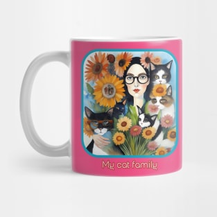 My Cat Family (lady wearing eyeglasses with 5 cats) Mug